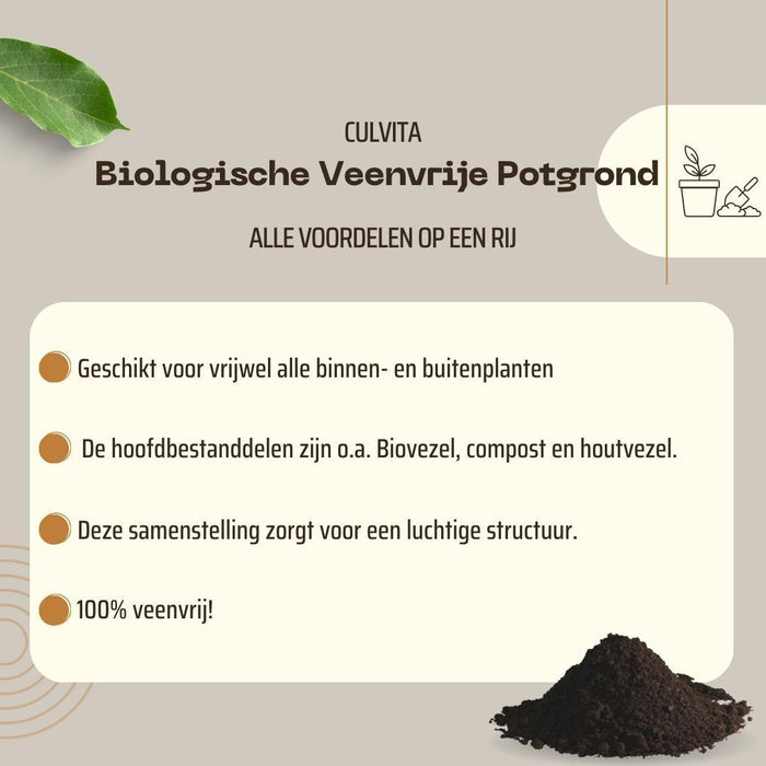 Culvita - Biologische Veenvrije potgrond 40 liter - Potgrond voor kamerplanten & buitenplanten - Inclusief organische meststof