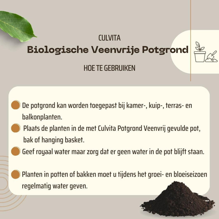 Culvita - Biologische Veenvrije potgrond 40 liter - Potgrond voor kamerplanten & buitenplanten - Inclusief organische meststof